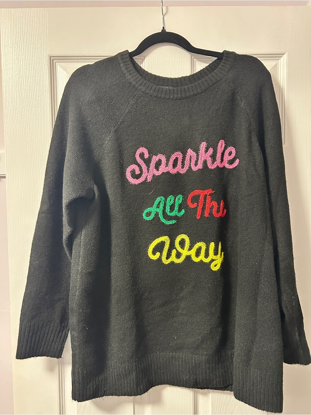 torrid Black Crewneck Sweater with Colorful Embroidered Text